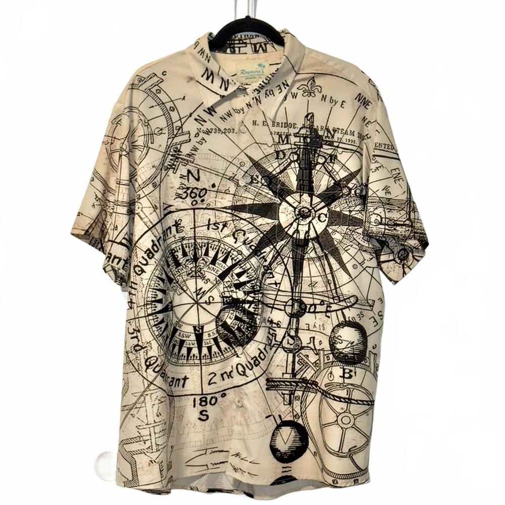 Cream Nautical Print Casual Button Down Shirt